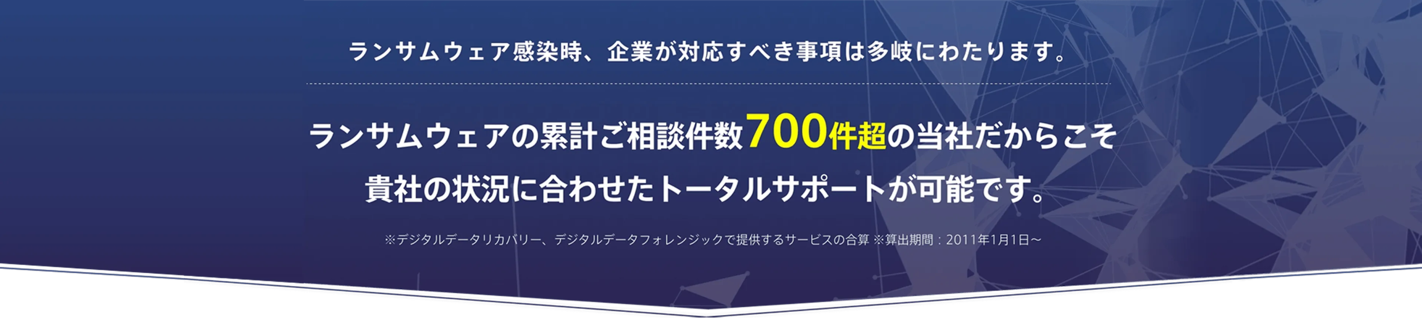 ランサムウェア感染時、 企業が対応すべき事項は多岐にわたります。
ランサムウェアの累計ご相談件数700件超の当社だからこそ
貴社の状況に合わせたトータルサポートが可能です。
※デジタルデータリカバリー、 デジタルデータフォレンジックで提供するサービスの合算※算出期間: 2011年1月1日~