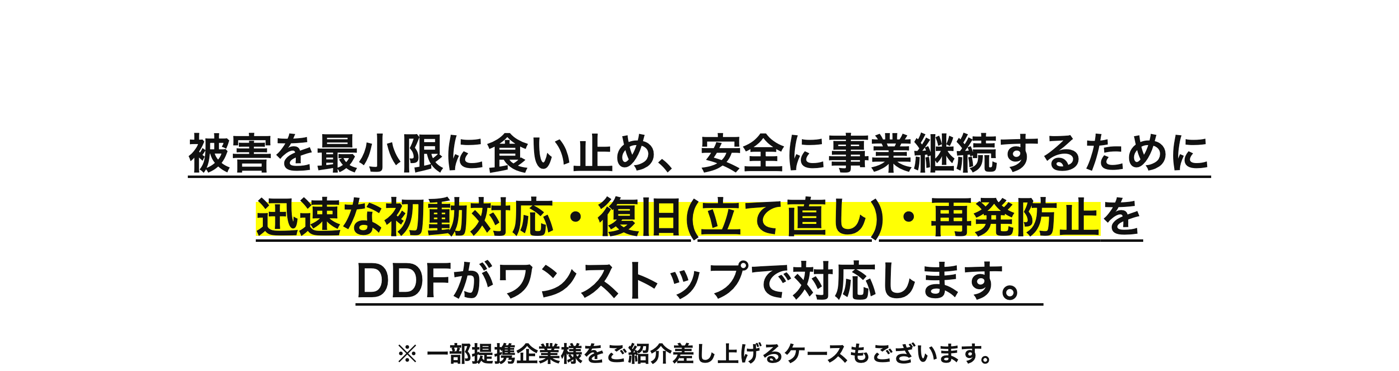 被害を最小限に食い止め、 安全に事業継続するために
迅速な初動対応 復旧 (立て直し)・再発防止を
DDFがワンストップで対応します。
※一部提携企業様をご紹介差し上げるケースもございます。